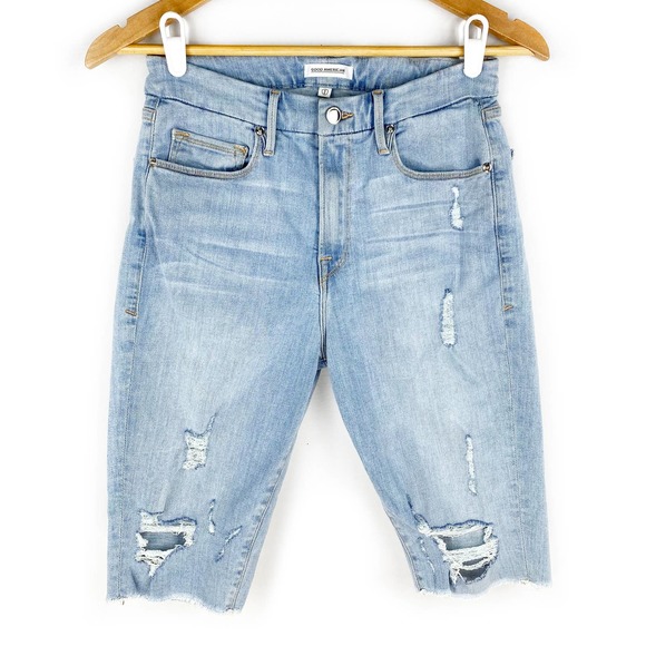 Good American Pants - Good American Jean Shorts High Waisted Bermuda Distressed Denim Cut Off Blue 29